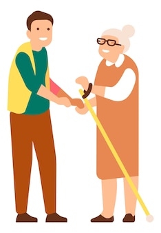 Wolontariusz pomaga staruszce z laską. wsparcie społeczne dla seniorów. ilustracja wektorowa