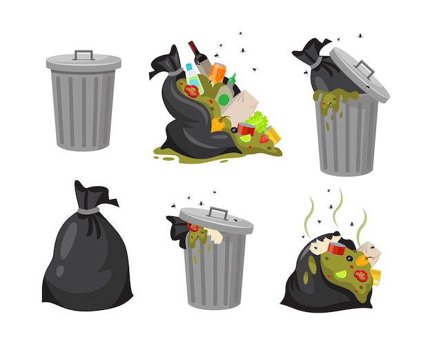 Bezpłatny wektor worki na śmieci i śmietnik ilustracje wektorowe zestaw. kolekcja czarnych worków z odpadami spożywczymi, otwierać brudne pojemniki na śmieci lub śmietniki ze śmieciami lub śmieciami na białym tle. ekologia, koncepcja zanieczyszczenia