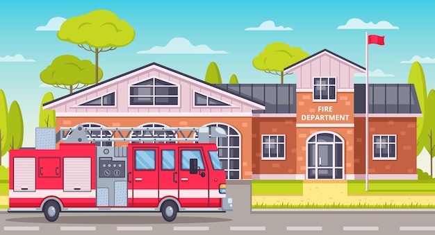 Bezpłatny wektor wóz strażacki zaparkowany przed ilustracją straży pożarnej