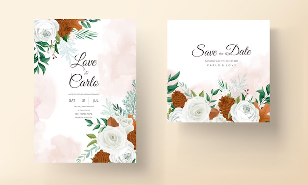 Wspaniała karta zaproszenie na ślub z zielonymi liśćmi białej róży i kwiatem sosny