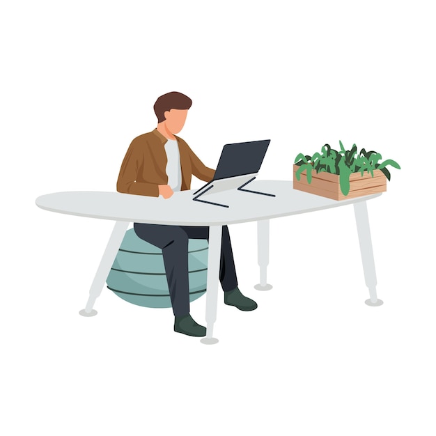 Bezpłatny wektor współczesna płaska kompozycja obszaru roboczego z mężczyzną siedzącym przy futurystycznym stole z designerskim krzesłem i ilustracją roślin domowych