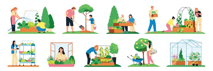 Bezpłatny plik Wektor wspólnotowy ogród płaski zestaw ludzi dekorujących parki miejskie i domy roślinami i kwiatami izolowana ilustracja wektorowa
