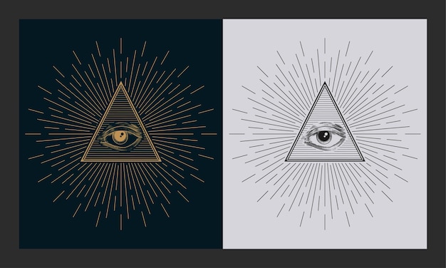Wszystko widzące oko w trójkątnej piramidzie styl grawerowania