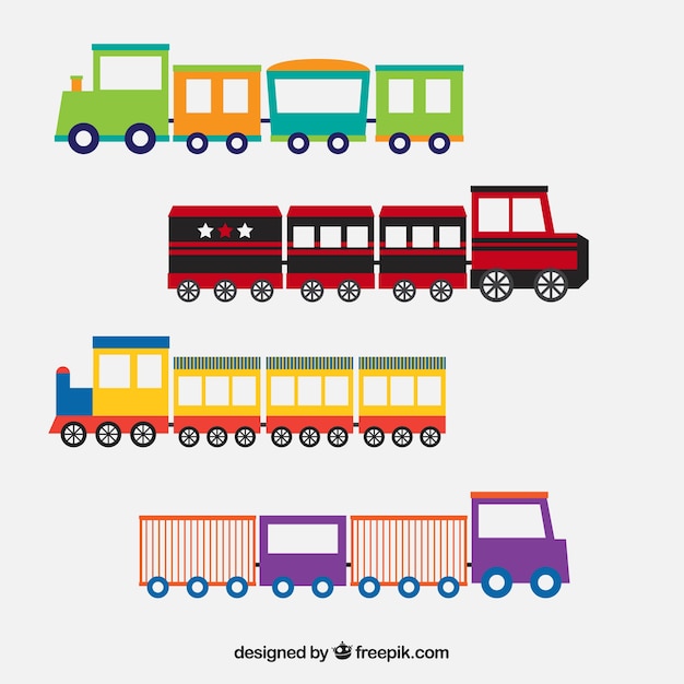Bezpłatny wektor wybór dekoracyjny pociągów zabawek w płaskim układzie