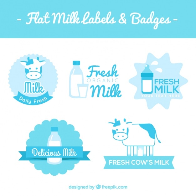 Bezpłatny wektor wybór pięciu naklejek mlecznych w niebieskich kolorach