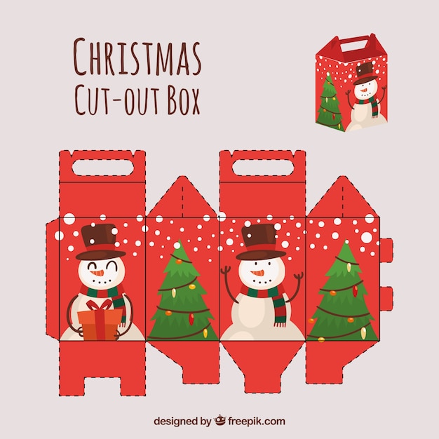 Bezpłatny wektor wycina pudełko z snowman i drzewa