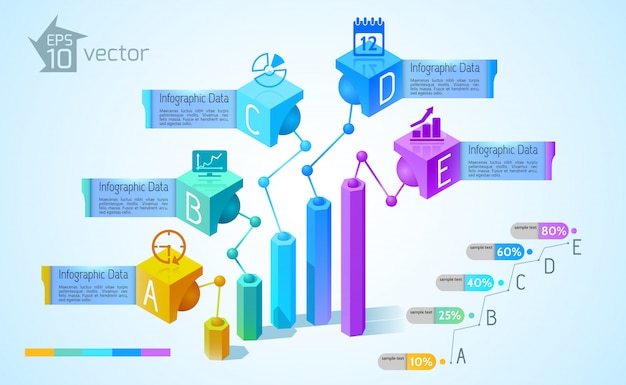 Wykresy Biznesowe I Wykresy Infografiki Z Kolorowymi Kolumnami 3d Pięć Tekstowych Banerów Ikon Na Kwadratach Ilustracji