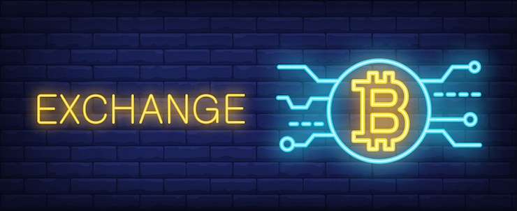 Bezpłatny plik Wektor wymieniaj bitcoiny w stylu neonowym. tekst, wybrać i bitcoin na tle ceglanego muru.