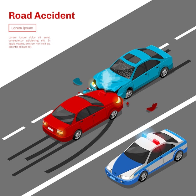 Wypadek samochodowy. Ilustracja izometrii wypadku drogowego