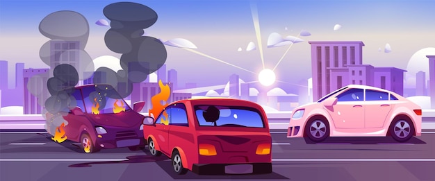 Bezpłatny wektor wypadek samochodowy na drodze w mieście, czołowe zderzenie dwóch samochodów na ulicy z panoramą miasta. uszkodzone pojazdy przez ogień i dym. ilustracja wektora kreskówek przedstawiająca jazdę samochodem bez zabezpieczenia