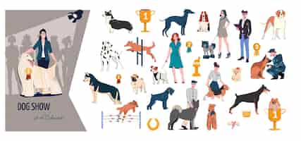 Bezpłatny wektor wystawa psów płaska kolorowa kompozycja z rasami psów nagradza właścicieli z ilustracjami wektorowymi zwierząt domowych