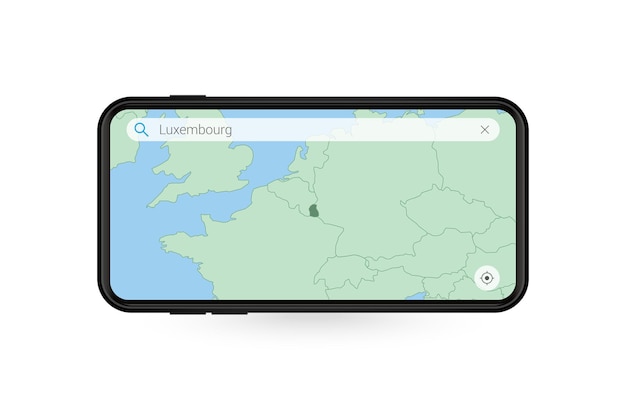 Wyszukiwanie mapy luksemburga w aplikacji mapy na smartfona. mapa luksemburga w telefonie komórkowym.