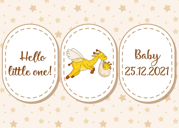 Wzór i napis. pocztówka dla noworodka. śmieszna latająca żyrafa. cześć kochanie. gratulujemy narodzin dziecka. akt urodzenia. witaj świecie.
