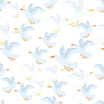 Wzór mewy. tło ptaków morskich. powtarzająca się tekstura w stylu doodle dla tkaniny, papieru do pakowania, tapety, tkanki. ilustracja wektorowa.