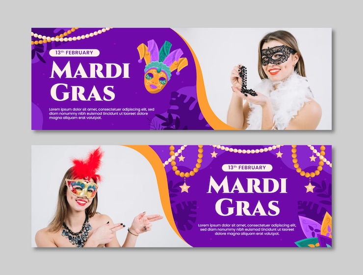 Bezpłatny plik Wektor wzór płaskiego baneru horyzontalnego mardi gras
