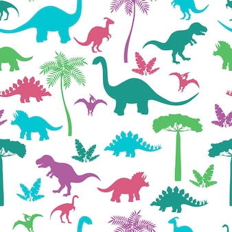 Wzór z kolorowymi sylwetkami dinozaurów, stegozaurem, triceratopsem, tyranozaurem, brontozaurem, pterodaktylem i innymi