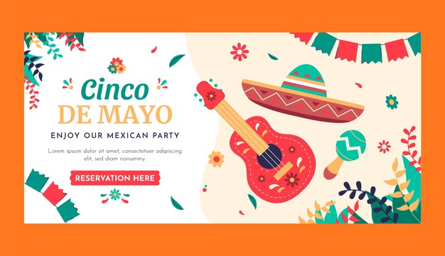 Wzorzec baneru poziomego Flat cinco de mayo z gitarą i kapeluszem