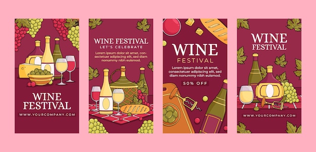 Bezpłatny wektor wzorzec historii festiwalu wina na instagramie