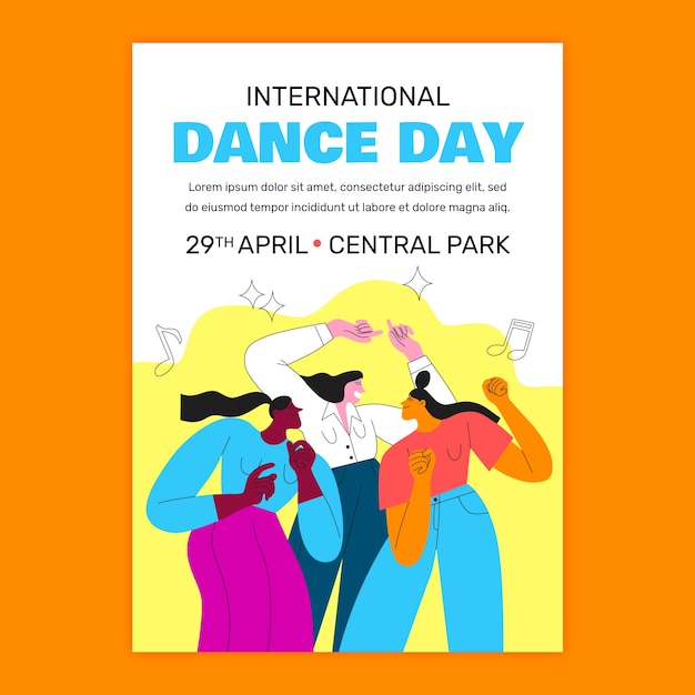 Bezpłatny wektor wzorzec płaskiego, pionowego plakatu międzynarodowego dnia tańca