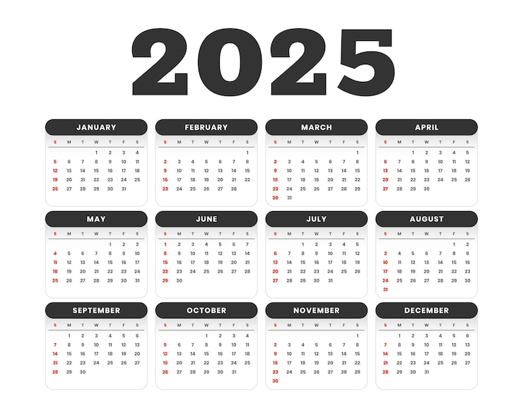 Bezpłatny plik Wektor wzorzec rocznego kalendarza ściennego na rok 2025 prosty, drukowalny projekt