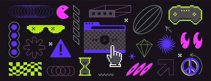 Bezpłatny plik Wektor y2k pixel art retro game console wireframe kształty geometryczne linie i brutalizm elementy futurystyczne