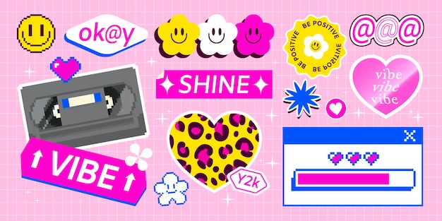 Y2K Smile Sticker Pack w jasnych kolorach neonowych