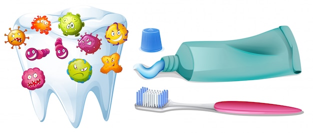 Bezpłatny wektor ząb z bakteriami i zestawem do czyszczenia