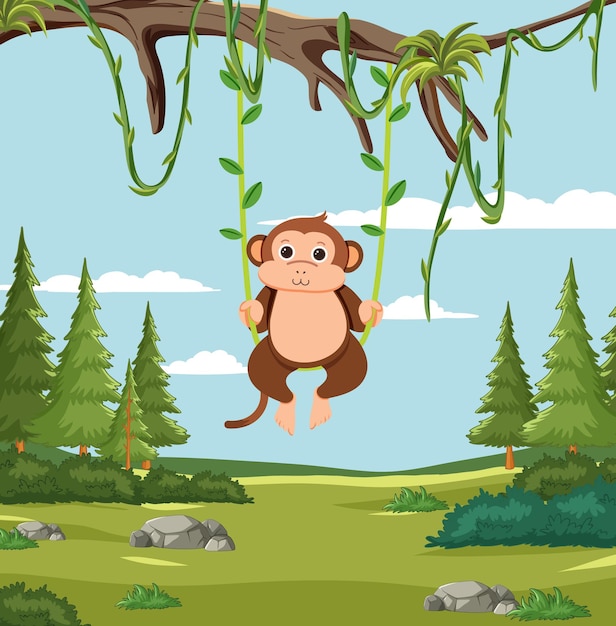 Zabawna Małpa Huśtająca Się W Lesie