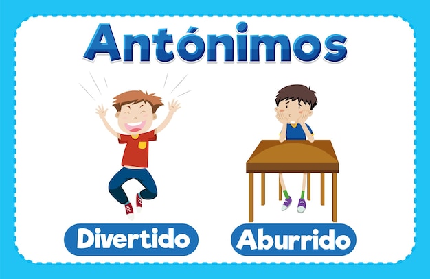 Bezpłatny wektor zabawne i znudzone karty obrazkowe do nauki języka hiszpańskiego