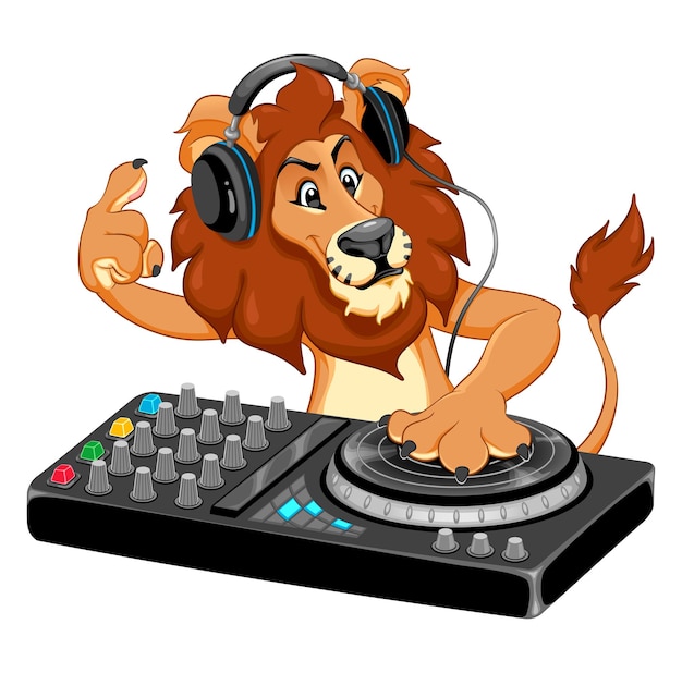 Bezpłatny wektor zabawny lew grający muzykę z konsolą dj i słuchawkami