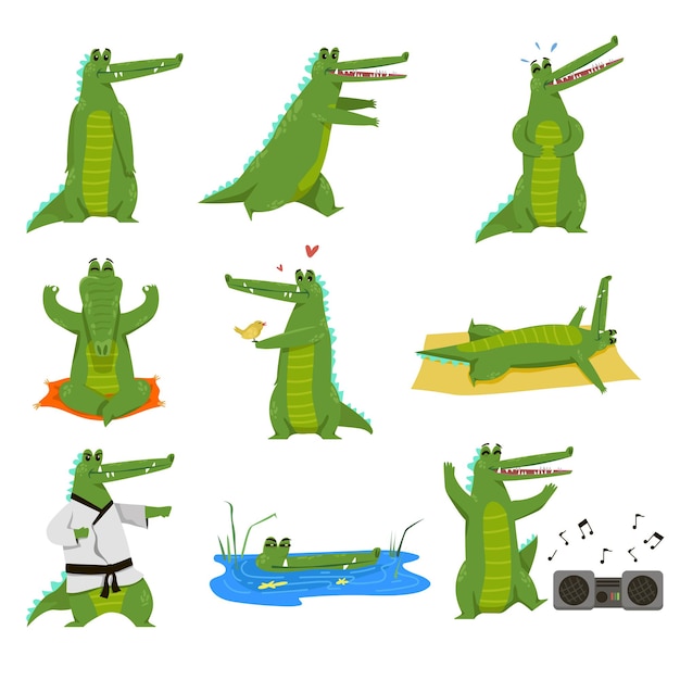 Bezpłatny wektor zabawny zestaw ilustracji postaci z kreskówek aligatora