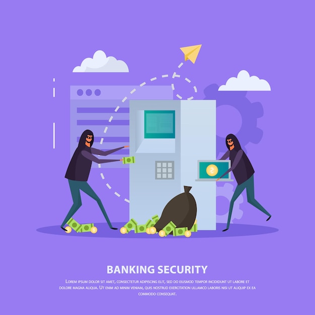 Bezpłatny wektor zabezpieczenie bankowe mieszkanie z hakerami podczas napadu na bankomat.