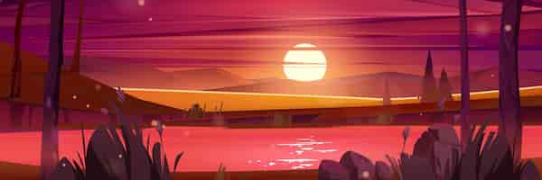 Bezpłatny wektor zachód słońca natura krajobraz kreskówka lato tło