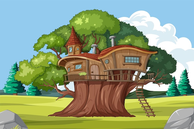 Bezpłatny wektor zaczarowany domek na drzewie w spokojnym lesie