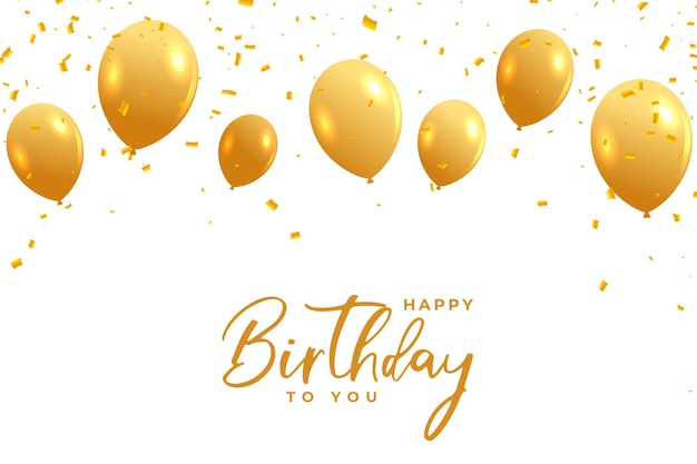 Bezpłatny wektor zadowolony urodziny biała kartka ze złotymi balonami i konfetti
