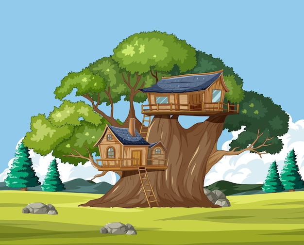 Bezpłatny wektor zaklęty domek na drzewie w spokojnym krajobrazie