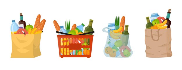 Zakupowe torby papierowe lub plastikowe i kosz z produktami takimi jak mleko, chleb, żywność śniadaniowa. Zestaw ilustracji kreskówek