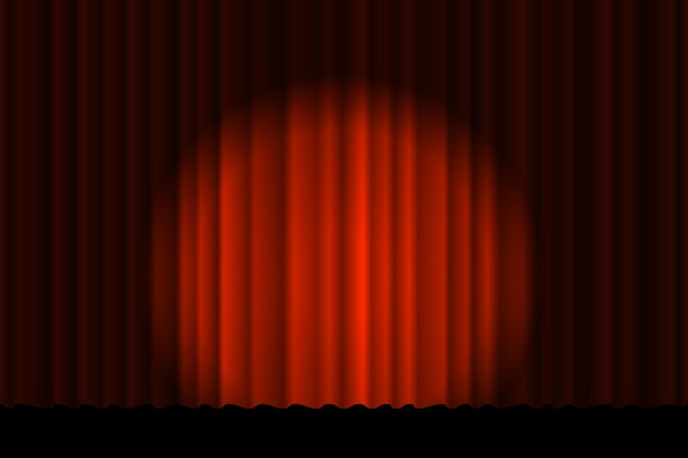 Zamknięta luksusowa czerwona kurtyna z wieloma wiązkami reflektorów podświetlanych na scenie tekstylnym tłem