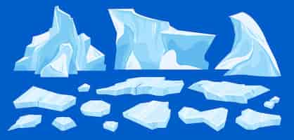 Bezpłatny wektor zamrożona arktyczna pęknięta ikona góry lodowej zestaw trzech różnych rozmiarów gór lodowych i połamanych kawałków ilustracji wektorowych lodu