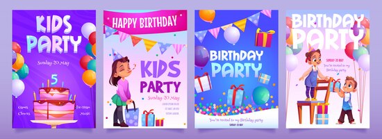 Bezpłatny wektor zaproszenia urodzinowe dla dzieci kreskówki banery