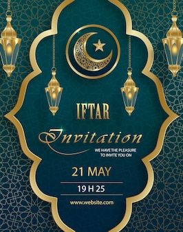 Zaproszenie iftar na ramadan kareem na islamskim tle z półksiężycem i złotym wzorem na tle koloru papieru na imprezę i imprezę