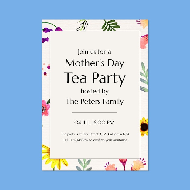 Bezpłatny wektor zaproszenie na przyjęcie herbaciane z okazji dnia matki w kolorze akwareli kwiatowej