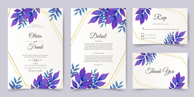 Zaproszenie na ślub lub kartkę z życzeniami z pięknym fioletowym wzorem liści