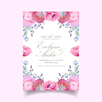 Zaproszenie na ślub z kwiatowymi kwiatami ranunculus i makiem