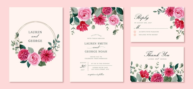 Bezpłatny wektor zaproszenie na ślub z ramą akwarela vintage różowy kwiatowy