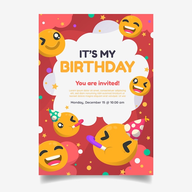 Bezpłatny wektor zaproszenie urodzinowe emoji z kreskówek