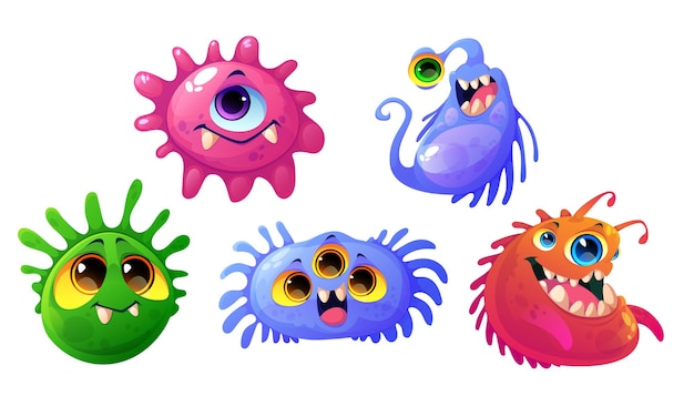 Zarazki, wirusy i bakterie postaci z kreskówek z uroczymi zabawnymi twarzami. Uśmiechnięte drobnoustroje chorobotwórcze lub potwory z dużymi oczami, kolorowe komórki z zębami i językami na białym tle ilustracji wektorowych, zestaw ikon