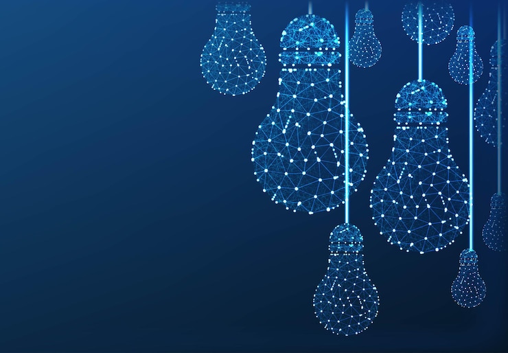 Bezpłatny plik Wektor żarówka lampa streszczenie low poly wireframe siatki tła tworzą linie i trójkąty punkt łączący sieć na niebieskim tle wektor ilustracja