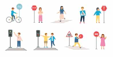 Bezpłatny wektor zasady ruchu drogowego dla dzieci zestaw izolowanych kompozycji z postaciami bazgrołów znaków drogowych dla dzieci i ilustracji wektorowych przejść dla pieszych