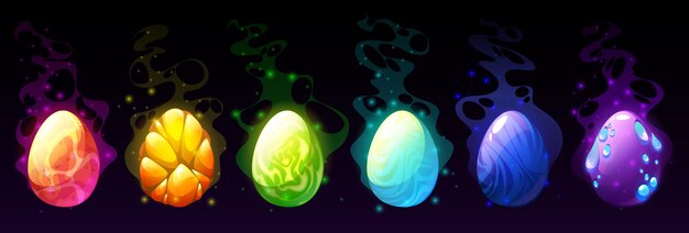 Zasoby gry z jajami dinozaurów i gadów Magiczne smocze jaja z kolorowymi teksturowanymi pryszczami powłoki świecącymi łuskami i mocą błyskawicami i wzorem Zestaw izolowanych obiektów graficznych interfejsu użytkownika